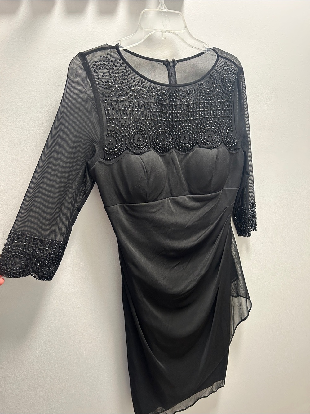 Xscape Black Beaded Mesh Long Sleeve Cocktail Dress